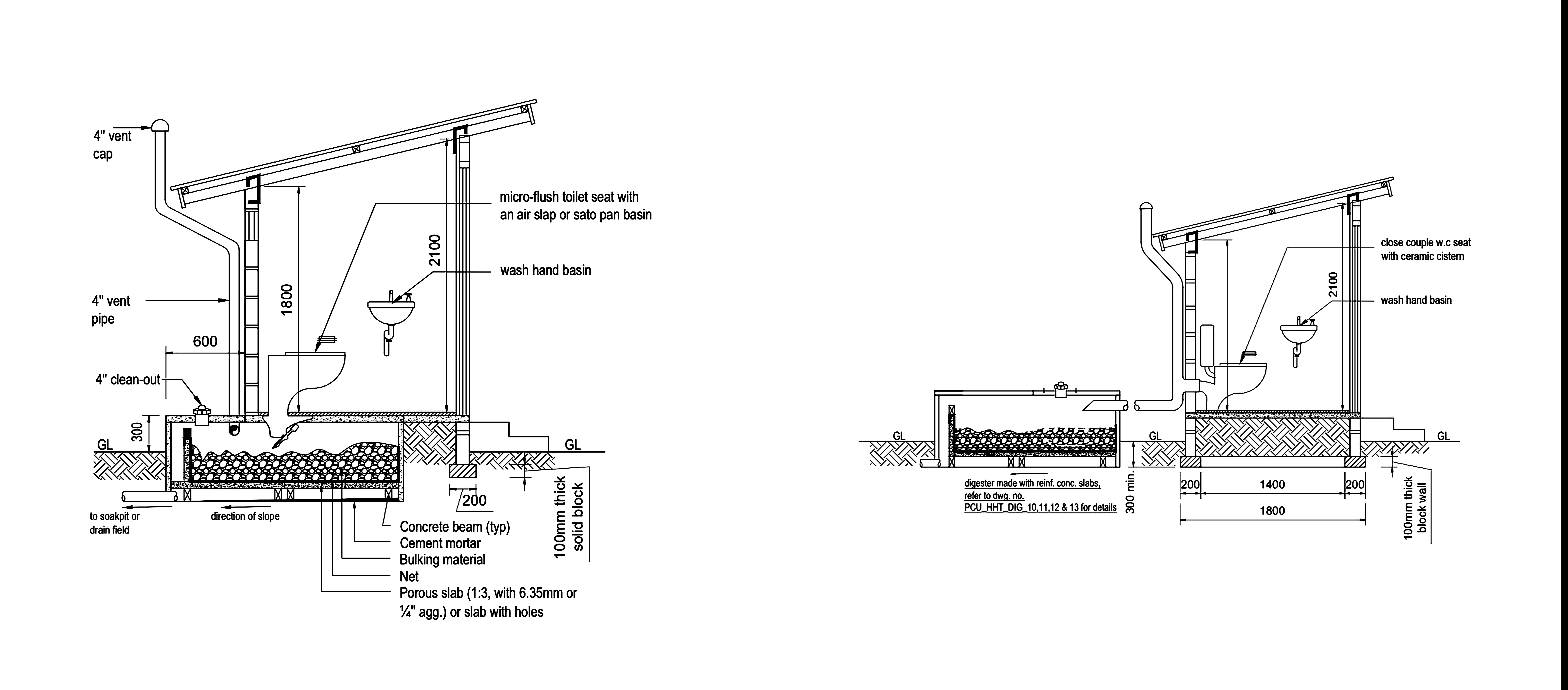 Biofil toilet connection and digester configuration drawing